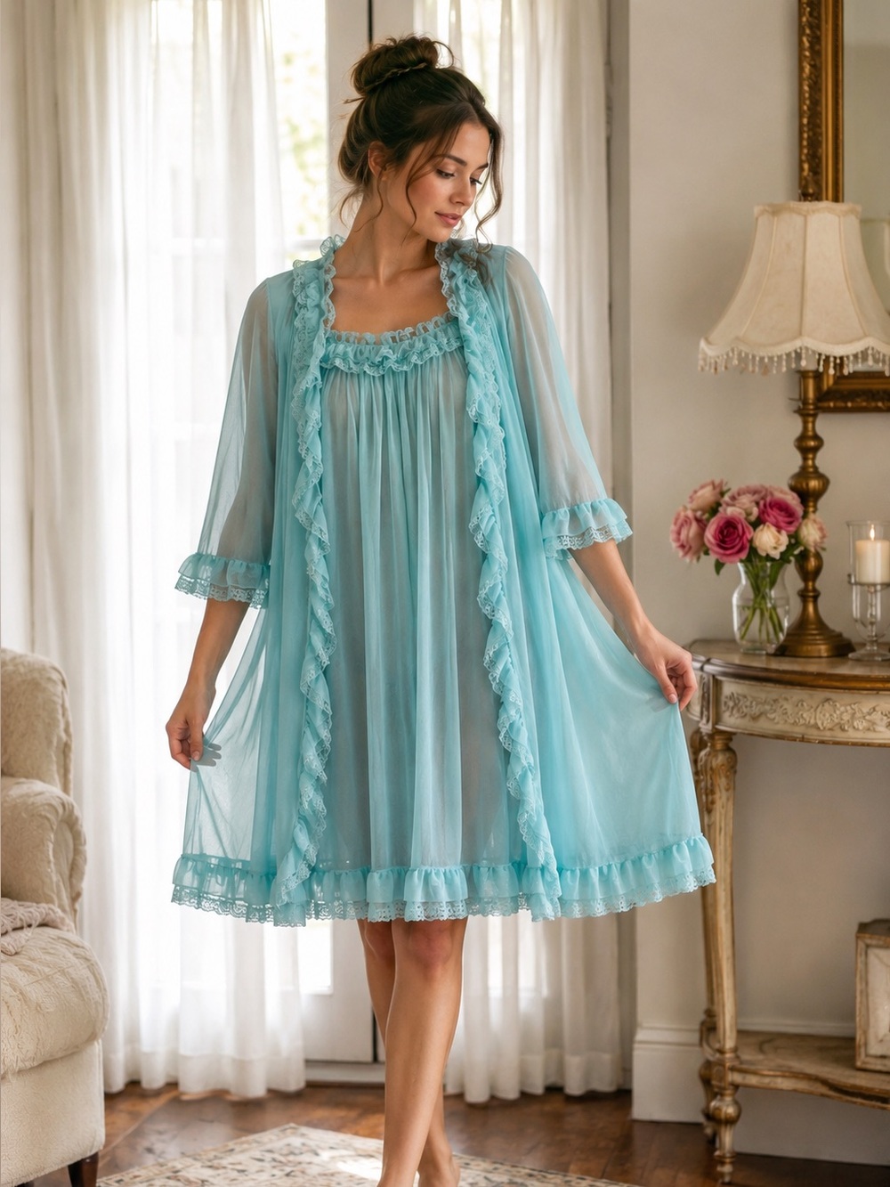 Vintage Peignoir Set Bridal Trousseau Fairycore Chiffon Aqua Blue Romantic Sz S
